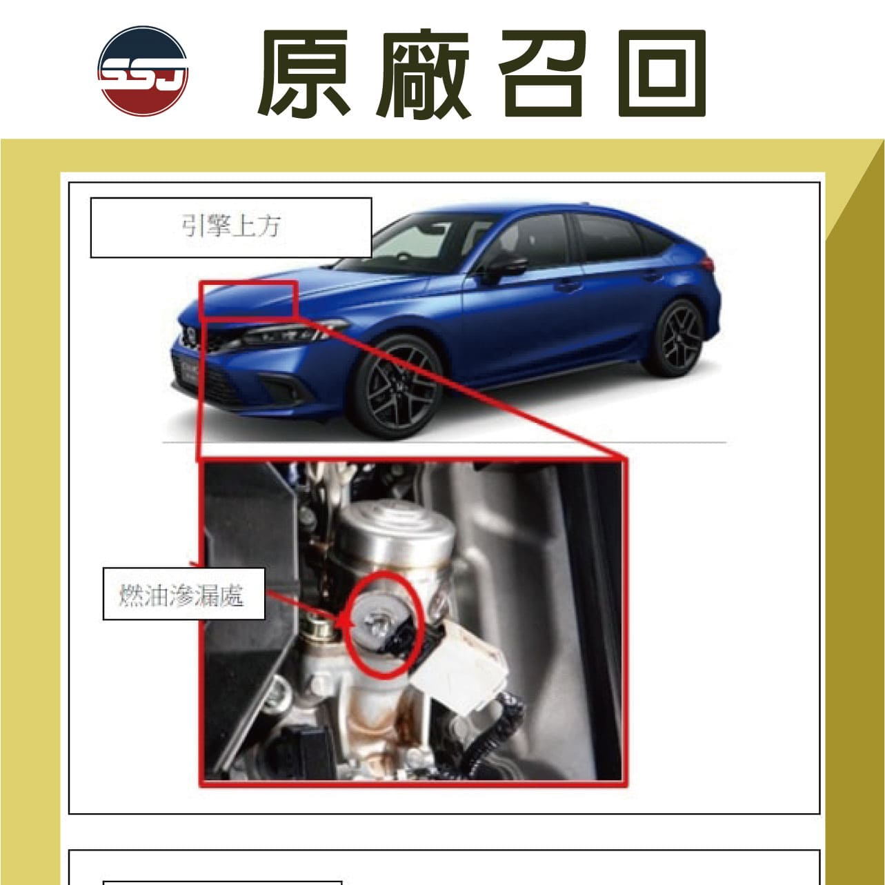 燃油高壓泵瑕疵，台本召修1,601台CIVIC